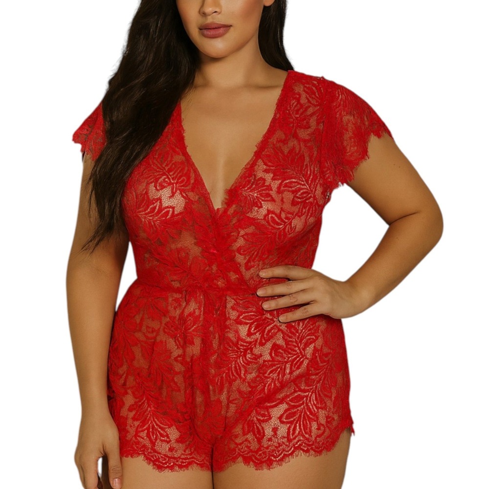 Seven 'til‎ Midnight Red Lace Lingerie Bodysuit L One Piece Sheer Stretch Sexy